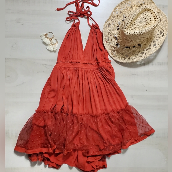 NEW Boho Plunge Strappy Halter Dot Ruffle Mini Dress Rust Orange - Picture 2 of 11